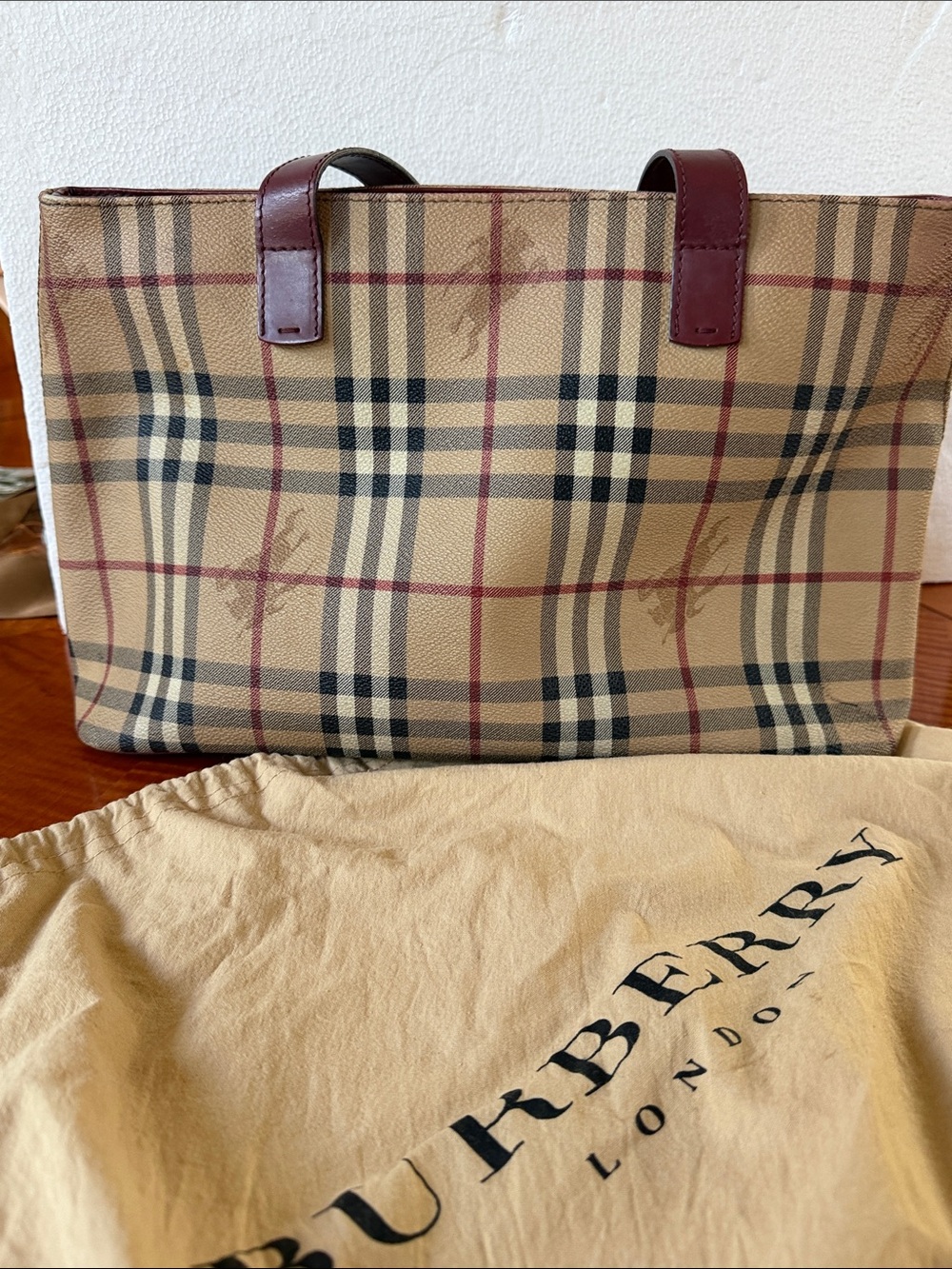 Burberry London Check Plaid Tote with Burgundy Leather Straps